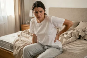 Femme assise au bord du lit le matin tenant son bas du dos gauche avec une expression de douleur, matelas affaissé visible