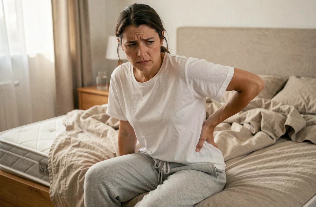 Femme assise au bord du lit le matin tenant son bas du dos gauche avec une expression de douleur, matelas affaissé visible