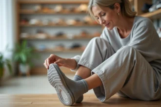 Femme tenant une chaussure orthopédique et touchant le côté extérieur de son pied pour soulager la douleur du nerf sural