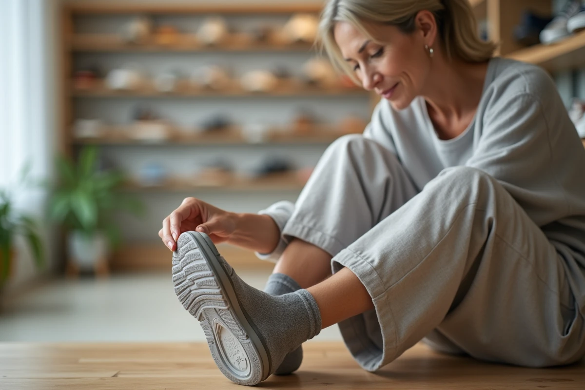 Femme tenant une chaussure orthopédique et touchant le côté extérieur de son pied pour soulager la douleur du nerf sural
