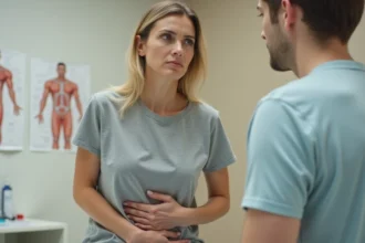 Femme tenant son thorax douloureux lors d'une consultation médicale pour côtes déplacées et anxiété