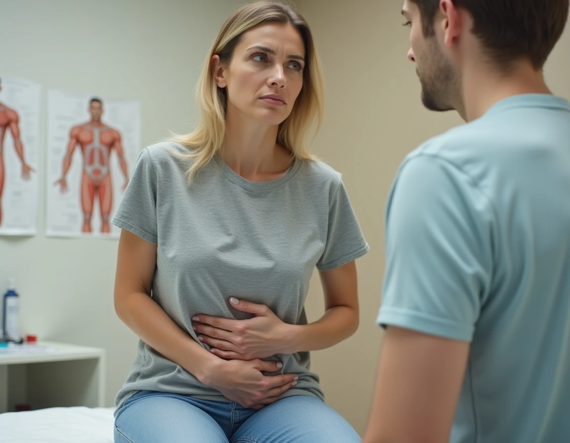 Femme tenant son thorax douloureux lors d'une consultation médicale pour côtes déplacées et anxiété