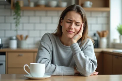 Femme tenant sa joue en raison d'une douleur dentaire, assise dans une cuisine moderne