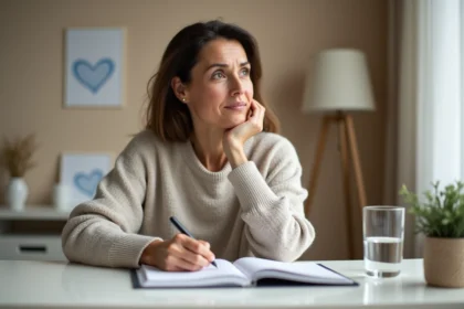 Femme écrivant dans un journal de santé à la maison