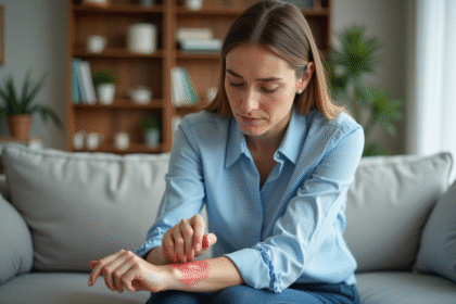 Femme examinant une irritation cutanée sur son bras