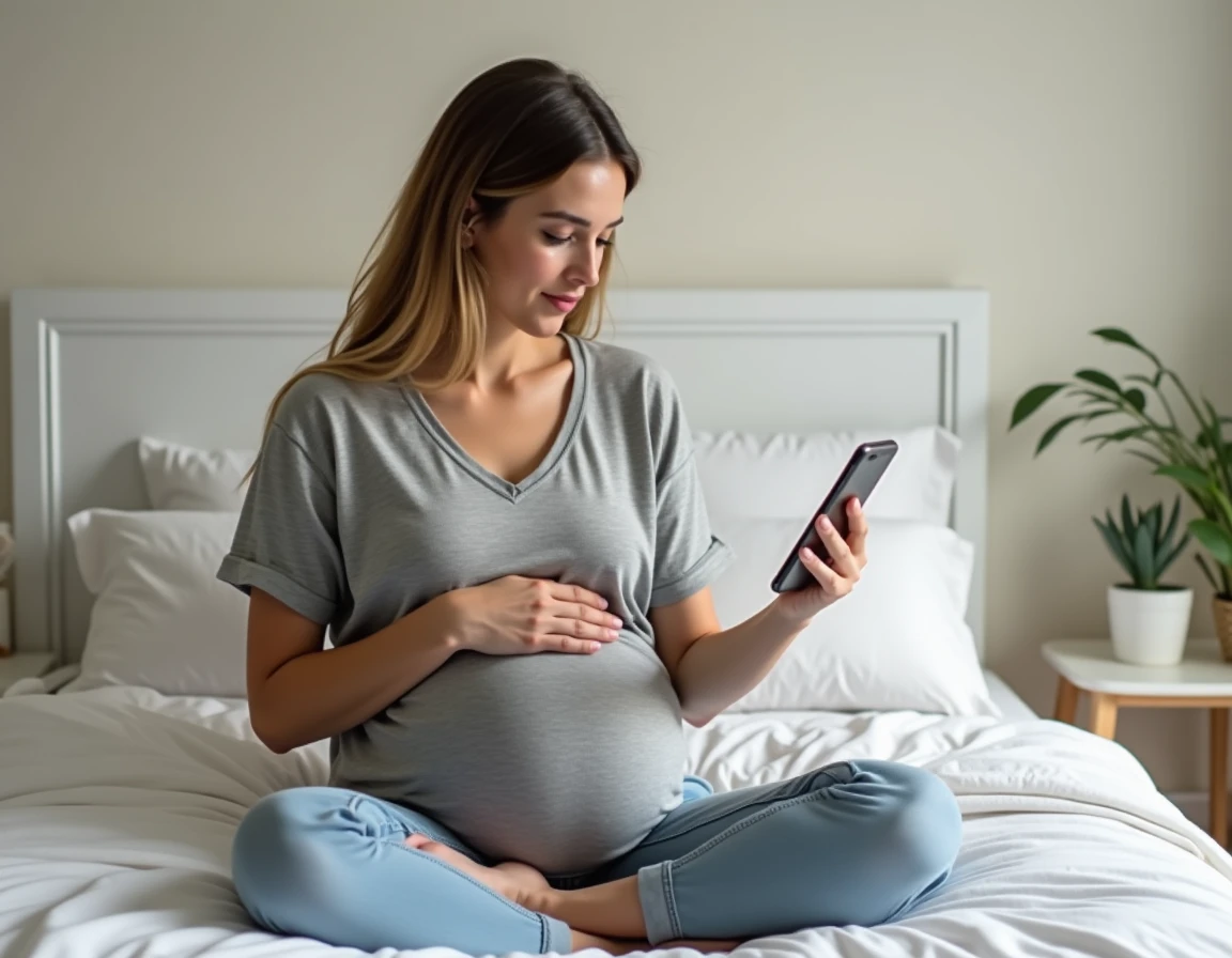 Femme enceinte consultant une application mobile de suivi de grossesse pour calculer son terme avec un cycle irrégulier