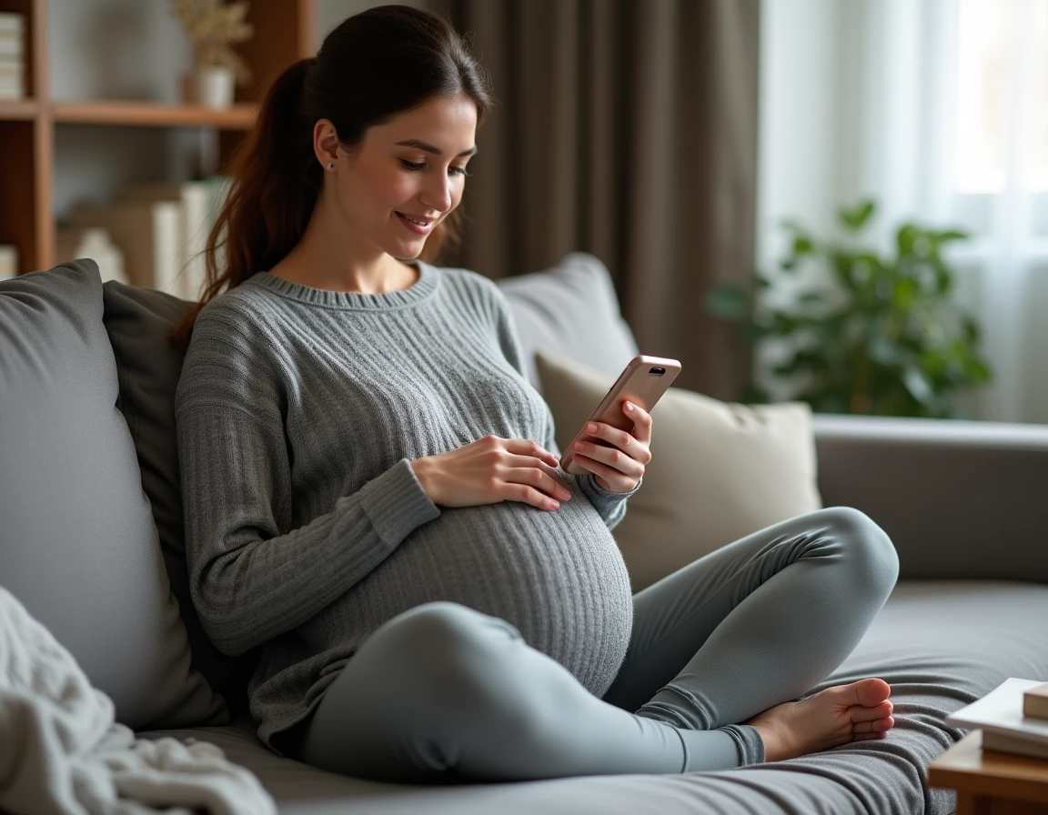Femme enceinte utilisant une application mobile pour estimer sa date d'accouchement