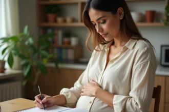 Femme enceinte calculant son terme de grossesse avec un calendrier sur une table en bois à la maison