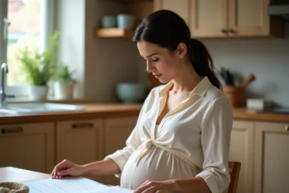 Femme enceinte consultant un calendrier pour calculer sa date d'accouchement