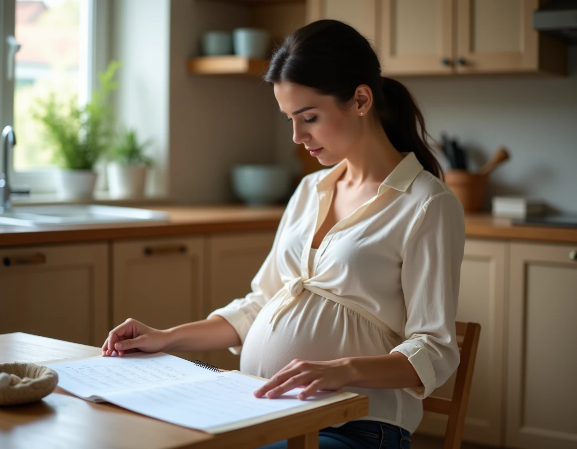 Femme enceinte consultant un calendrier pour calculer sa date d'accouchement
