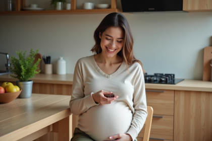 Femme enceinte souriante dégustant du chocolat dans la cuisine moderne