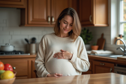 Femme enceinte assise à la cuisine avec douceur