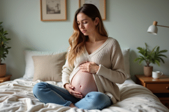 Femme enceinte assise sur le lit dans une chambre chaleureuse