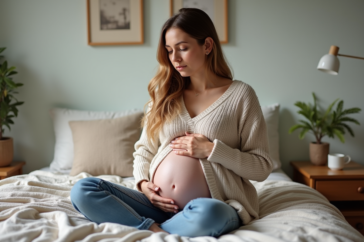 Femme enceinte assise sur le lit dans une chambre chaleureuse