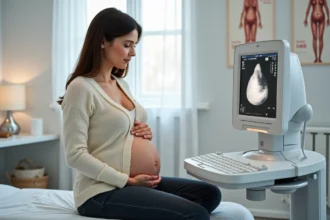 Femme enceinte regardant l'écran d'échographie lors d'une consultation du premier trimestre