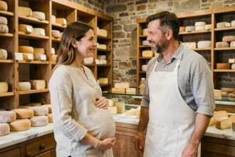 Femme enceinte discutant avec un fromager dans une fromagerie artisanale au sujet de la mozzarella di bufala
