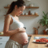 Femme enceinte dans une cuisine lumineuse regarde du chorizo