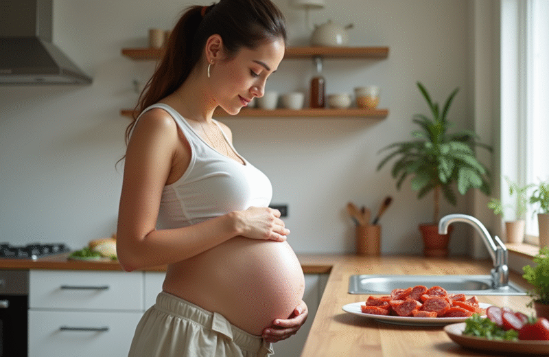 Femme enceinte dans une cuisine lumineuse regarde du chorizo