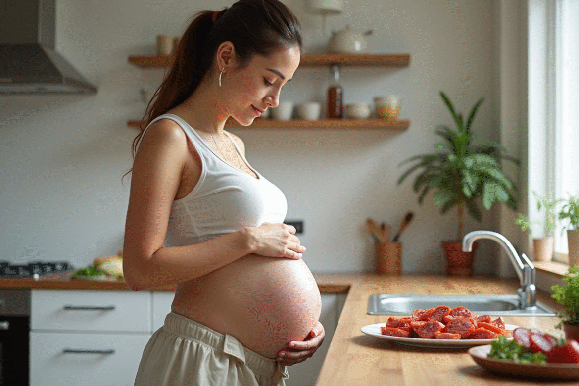 Femme enceinte dans une cuisine lumineuse regarde du chorizo