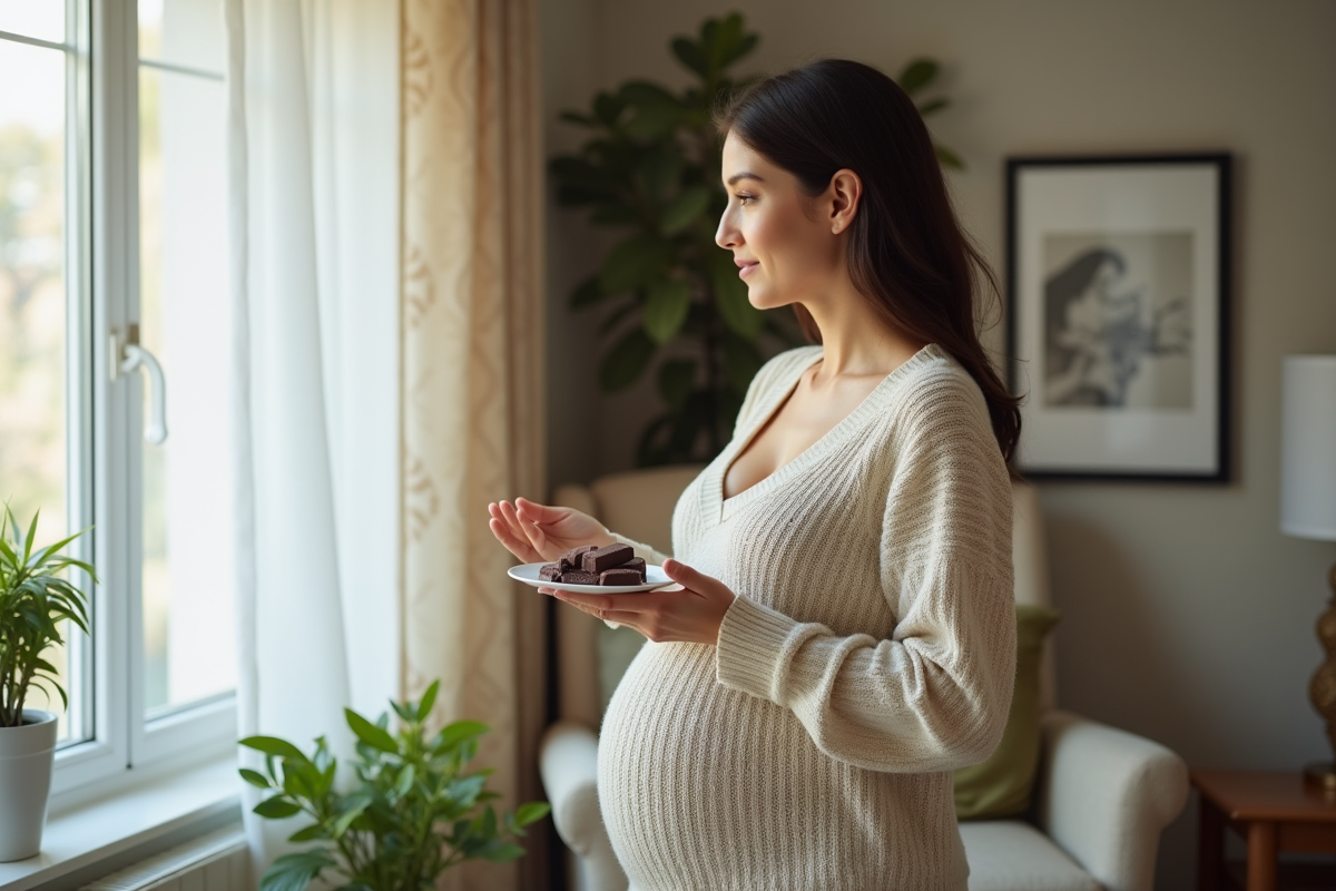Femme enceinte regardant pensivement par la fenêtre dans le salon