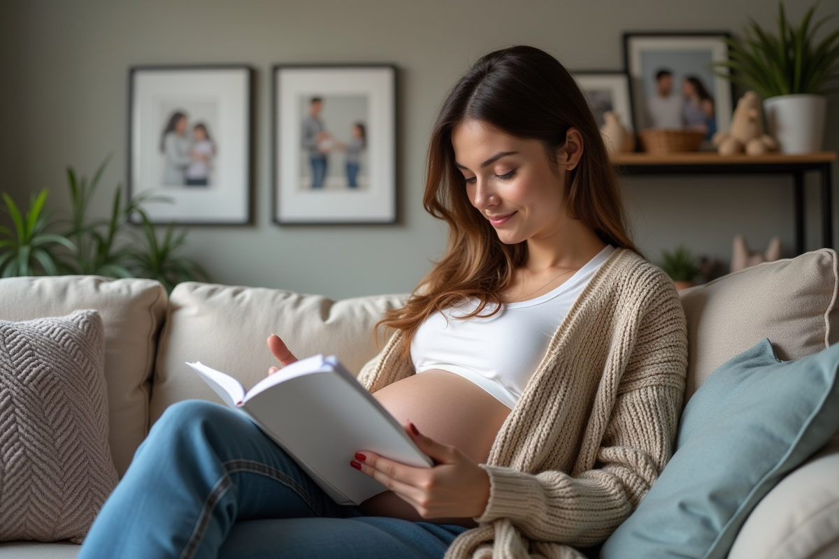 Femme enceinte lisant un livret de maternité dans un salon cosy