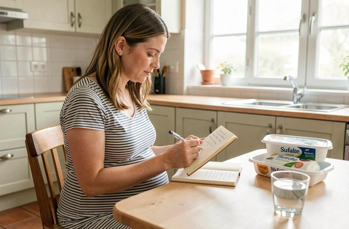 Femme enceinte à la maison consultant ses notes avant d'acheter de la mozzarella di bufala en toute sécurité