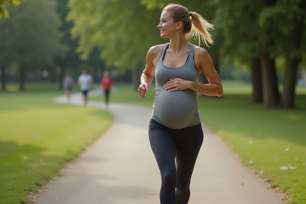 Femme enceinte marchant dans un parc verdoyant