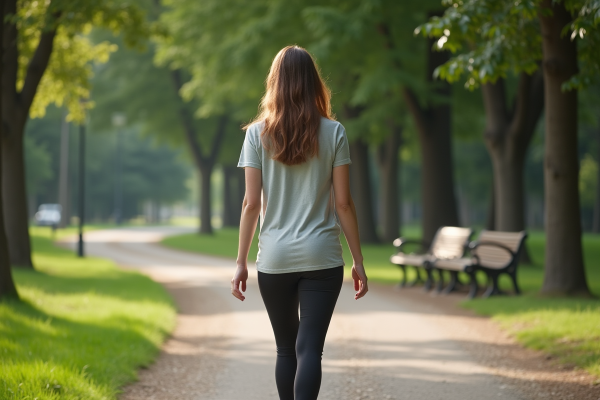 Femme enceinte marchant dans un parc en pleine nature