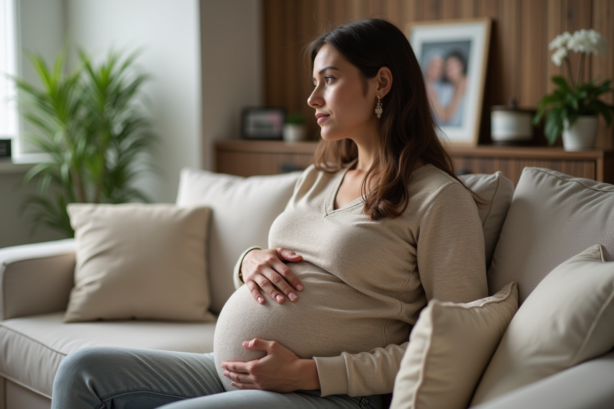 Femme enceinte assise dans un salon moderne et lumineux