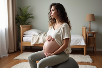 Femme enceinte assise sur ballon dans salle de naissance naturelle