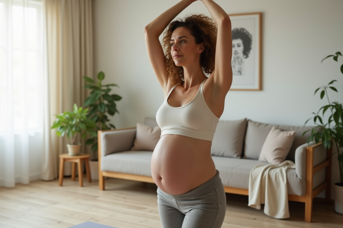Femme enceinte faisant du yoga dans son salon calme