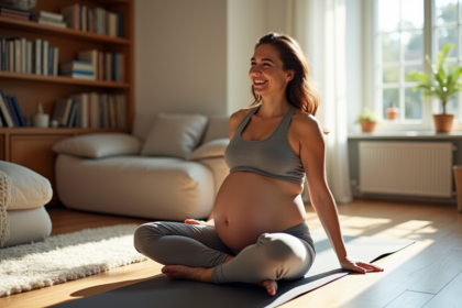 Femme enceinte faisant du yoga dans un salon lumineux
