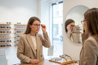 Femme essayant des lunettes dans une boutique d'optique moderne, examinant les montures devant un miroir avec une expression hésitante