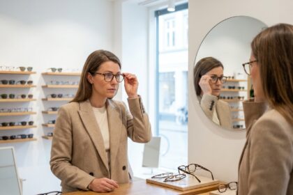 Femme essayant des lunettes dans une boutique d'optique moderne, examinant les montures devant un miroir avec une expression hésitante