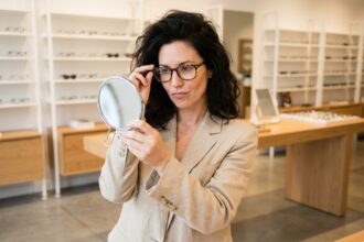 Femme essayant des lunettes rectangulaires modernes dans une opticien de Castelnau-le-Lez