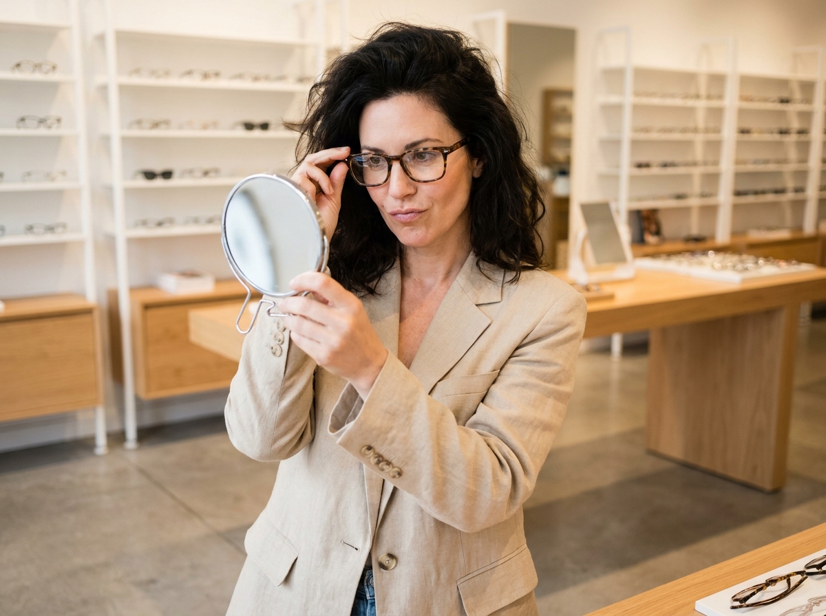 Femme essayant des lunettes rectangulaires modernes dans une opticien de Castelnau-le-Lez