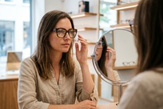 Femme aux lunettes oversize en écaille essayant une monture chez un opticien moderne