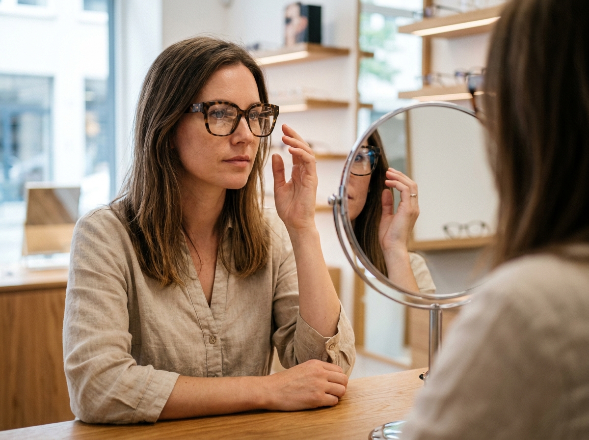 Femme aux lunettes oversize en écaille essayant une monture chez un opticien moderne