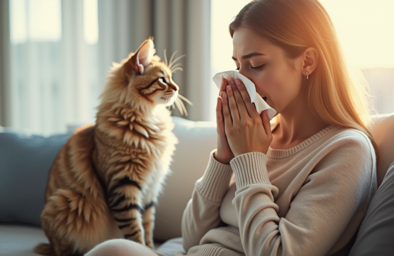 Femme éternuant avec un chat sur le canapé lumineux