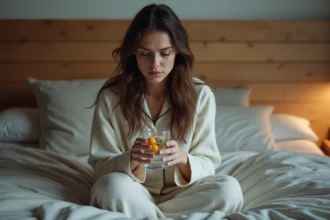 Femme fatiguée en pyjamas au matin dans le lit