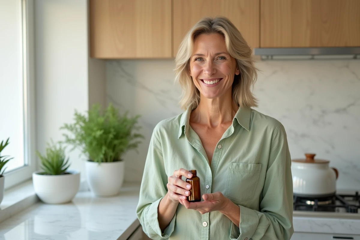 Femme souriante tenant un flacon de complément alimentaire Floravia Nutrisolution dans une cuisine moderne avec des comptoirs en marbre blanc