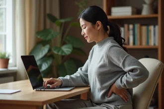 Femme en télétravail consultant un forum de santé sur son ordinateur portable pour trouver des informations sur la névralgie pudendale