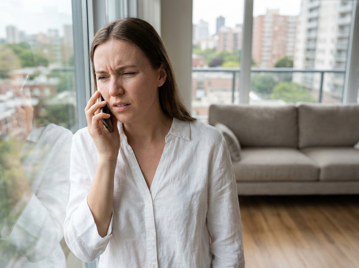 Jeune femme regardant son smartphone avec une expression de gêne visuelle chez elle, symbolisant les premiers signes d'un problème de vue nécessitant une consultation urgente