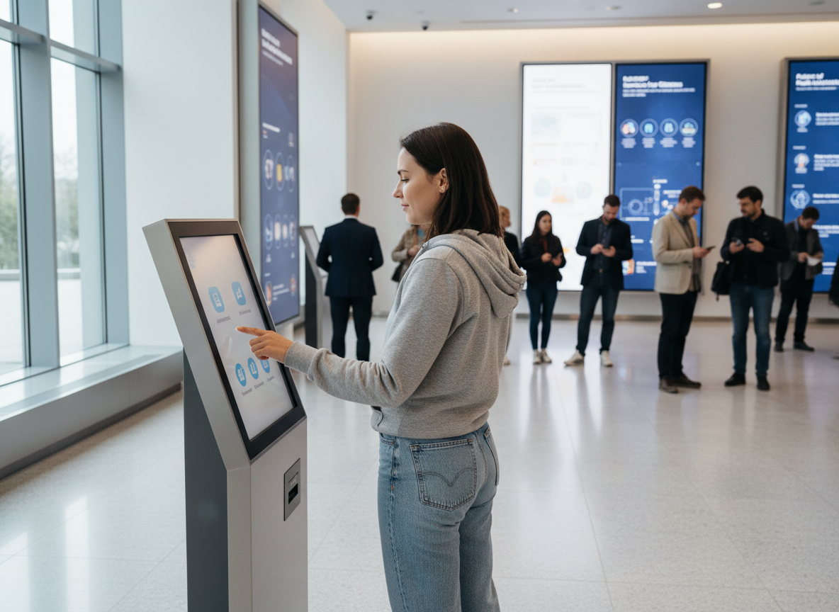 Jeune femme utilisant un kiosque digital dans un hall