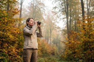 Femme utilisant des jumelles de chasse en forêt lors d'une sortie nature automnale