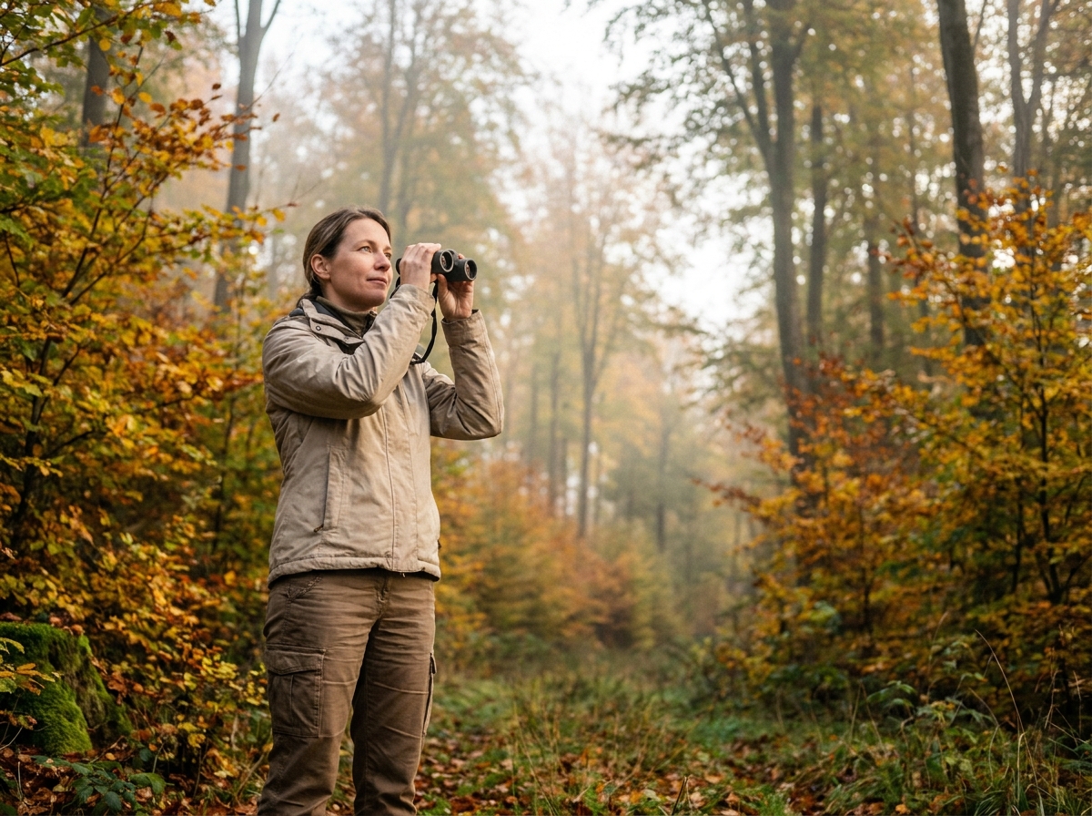 Femme utilisant des jumelles de chasse en forêt lors d'une sortie nature automnale