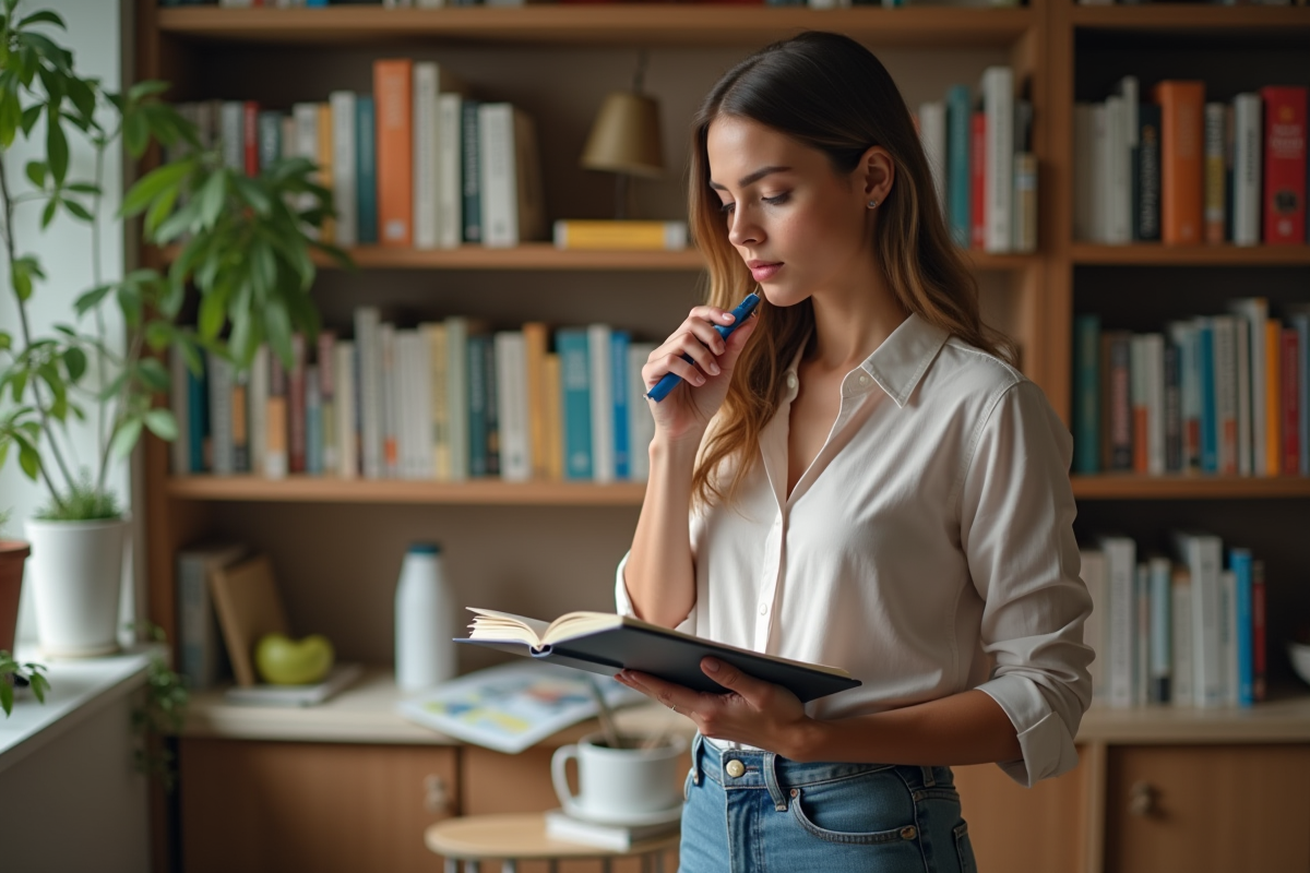 Jeune femme dans une bibliothèque examine ses notes sur un régime