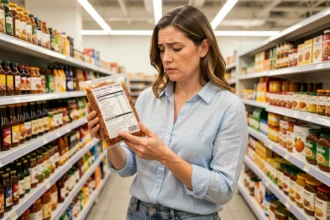 Femme lisant attentivement l'étiquette d'un produit alimentaire en supermarché pour détecter la présence d'oignon parmi les ingrédients