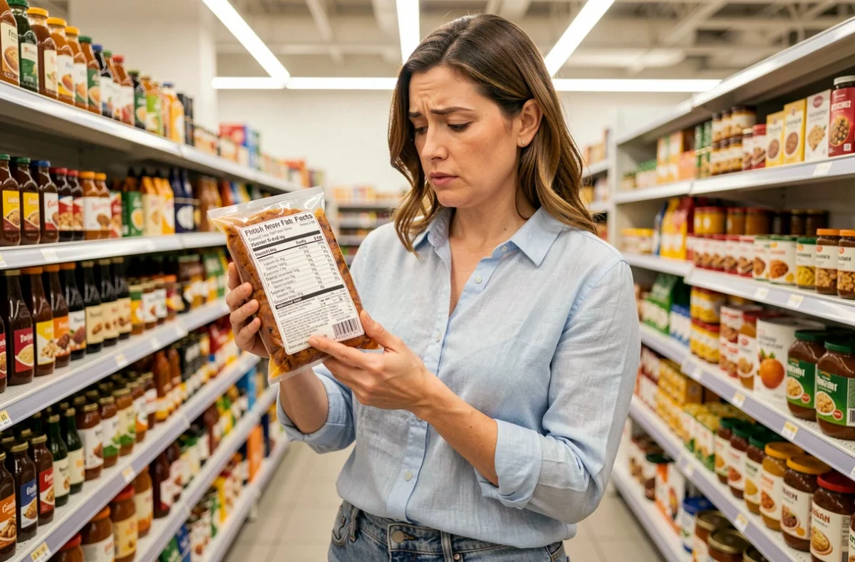 Femme lisant attentivement l'étiquette d'un produit alimentaire en supermarché pour détecter la présence d'oignon parmi les ingrédients