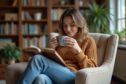 Femme lisant un livre en buvant une tisane dans un salon chaleureux